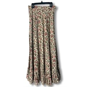 Vintage Handmade Floral Rose Cotton Maxi Skirt Eyelet Lace Hem Prairie Sz. XS